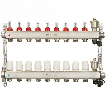 Коллекторная группа для теплого пола из нерж. стали 1"х3/4" 9 выходов с расходомерами ONDO