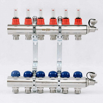 Коллекторная группа для теплого пола из нерж. стали 1"х3/4"ЕК 6 выходов, UNI-FITT (воздухоотводчики)