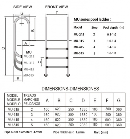 Картинка товара лестница для бассейна 5 cтупеней (у.б.) mu-515, aisi-304  015809 ufa-aqua.ru