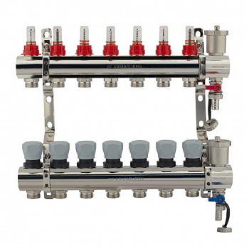 Коллекторная группа для теплого пола из нерж. стали 1"х3/4" 7 выходов с расходомерами SMS